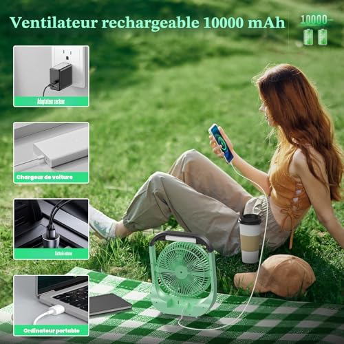 ATEngeus USB Fan, 10000 mAh Rechargeable Battery, 4 Speed, Camping Fan, 8 Inch, 180° Swivel, LED Light, Timer, Fan for Camping, Travelling