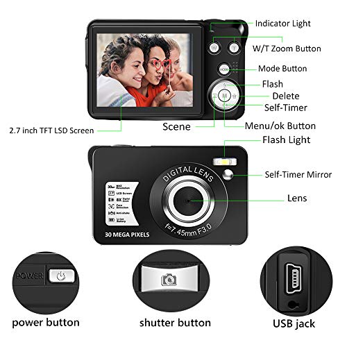Digital Camera,30MP Compact Camera,2.7 inch Pocket Camera,Rechargeable