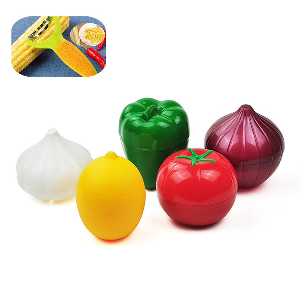 KeepingcooX Classic Food Savers Set of 5 - Vegetable Protectors - Onion, Pepper, Garlic, Lemon, Tomato - Reusable Hard Plastic Storage Container Shell with Tight Seal, Plus Corn Zipper as Gift