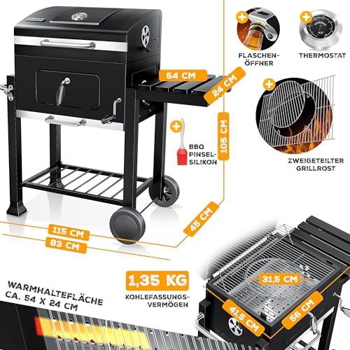 ® Barbecue con Carrello XL Barbecue a carbonella con Coperchio, Ruote, Manico in Acciaio Inox, griglia e termometro a carbonella,Grande Barbecue a carbonella Barbecue da Campeggio