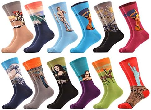 PinkBTFY 12 Pairs Men's Colorful Argyle Combed Cotton Socks Funny Striped Dot Crew Socks 05215