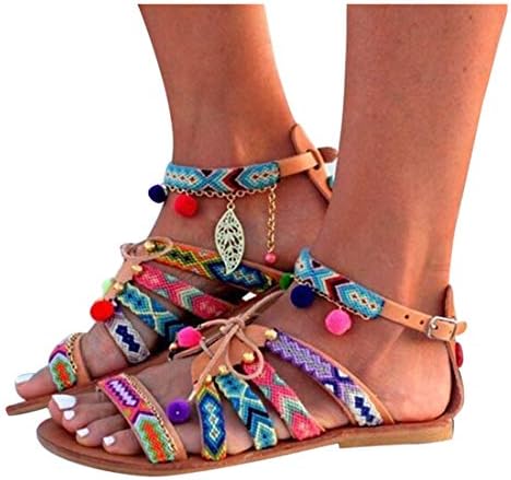 Inverlee Women Bohemia Sandals Gladiator Leather Sandals Flats Shoes Pom-Pom Sandals