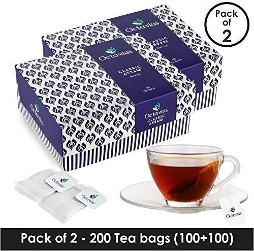 Octavius Classic Assam Black Tea - 100 Single Serve Tea Bags | Strong & Malty | Breakfast Tea Bags | Best Assam Black Tea | Tea Bags for Convenience (Pack of 2)