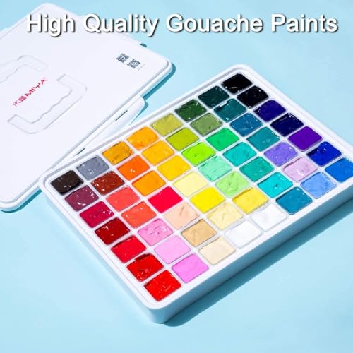 AOOK HIMI Gouache Paint Set Jelly Cup 56 Vibrant Colors Non Toxic Paints with Portable Case Palette for Artist Canvas Painting Watercolor Papers, Rich Pigment, (56 coler white)