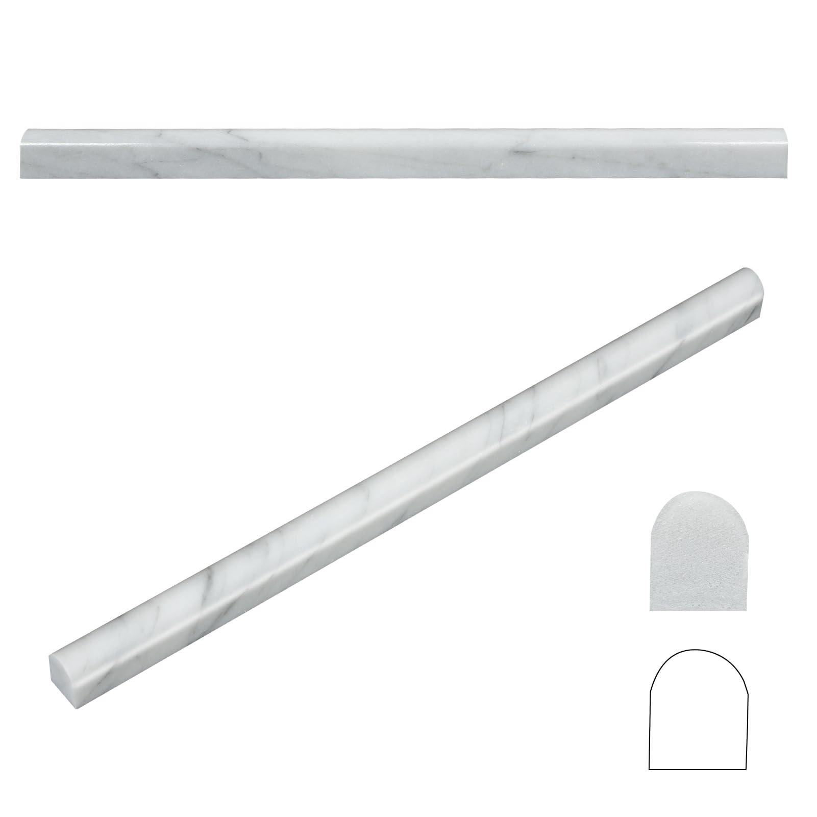 Photo 1 of Retheno Carrara White 12 Pack of 3/5''x12'' Marble Pencil Liner Tile, Edge Trim Molding for Shower, Polished Bullnose Tile Trim for Kitchen and Bathroom Backsplash