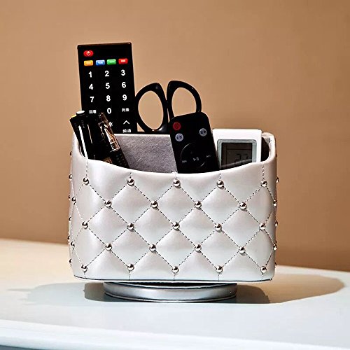 UnionBasic PU Leather Crocodile Pattern 360 Degrees Rotatable Remote Control/Controller Organizer, Spinning TV Guide/Mail/Media Desktop Organizer Caddy Holder (Silver w/Pearl)