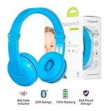 Wireless Bluetooth Headphones for Kids - BuddyPhones PLAY | Kids Safe Volume Limited to 75, 85 or 94 dB | Foldable with 14-Hour Battery Life | Optional Cable for Audio Sharing | Blue