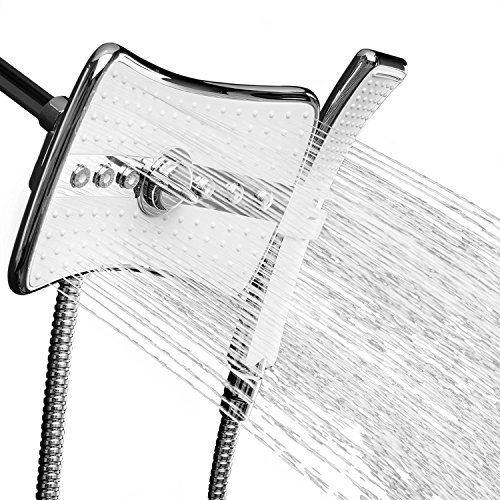 TCBunny 9" Rectangular Quad Function Rainfall Jet Shower Head & Wand Combo, Chrome