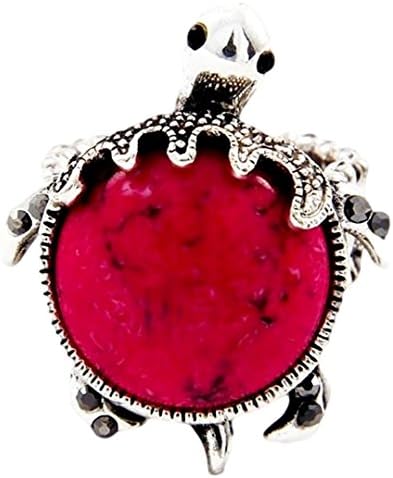Turtle Stretch Ring D12 Red Stone Movable Parts Silver Tone Statement