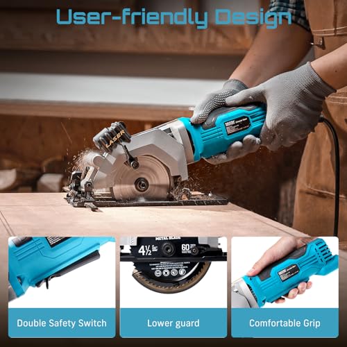 Seesii Mini Circular Saw with Laser Guide, 4.8A 4000RPM Compact Corded Circular Saw, 3 Pcs 4-1/2" Blades for Wood, Soft Metal, Tile, Plastic, 0-45° Bevel, Max Depth 1-11/16" at 90° and 1-1/8"at 45°