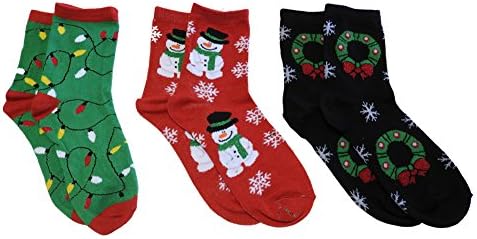 Crazy Kismet Festive Fun for the Family Adult Christmas Ankle Socks Three Pack (Lights, Snowman, Wreaths)