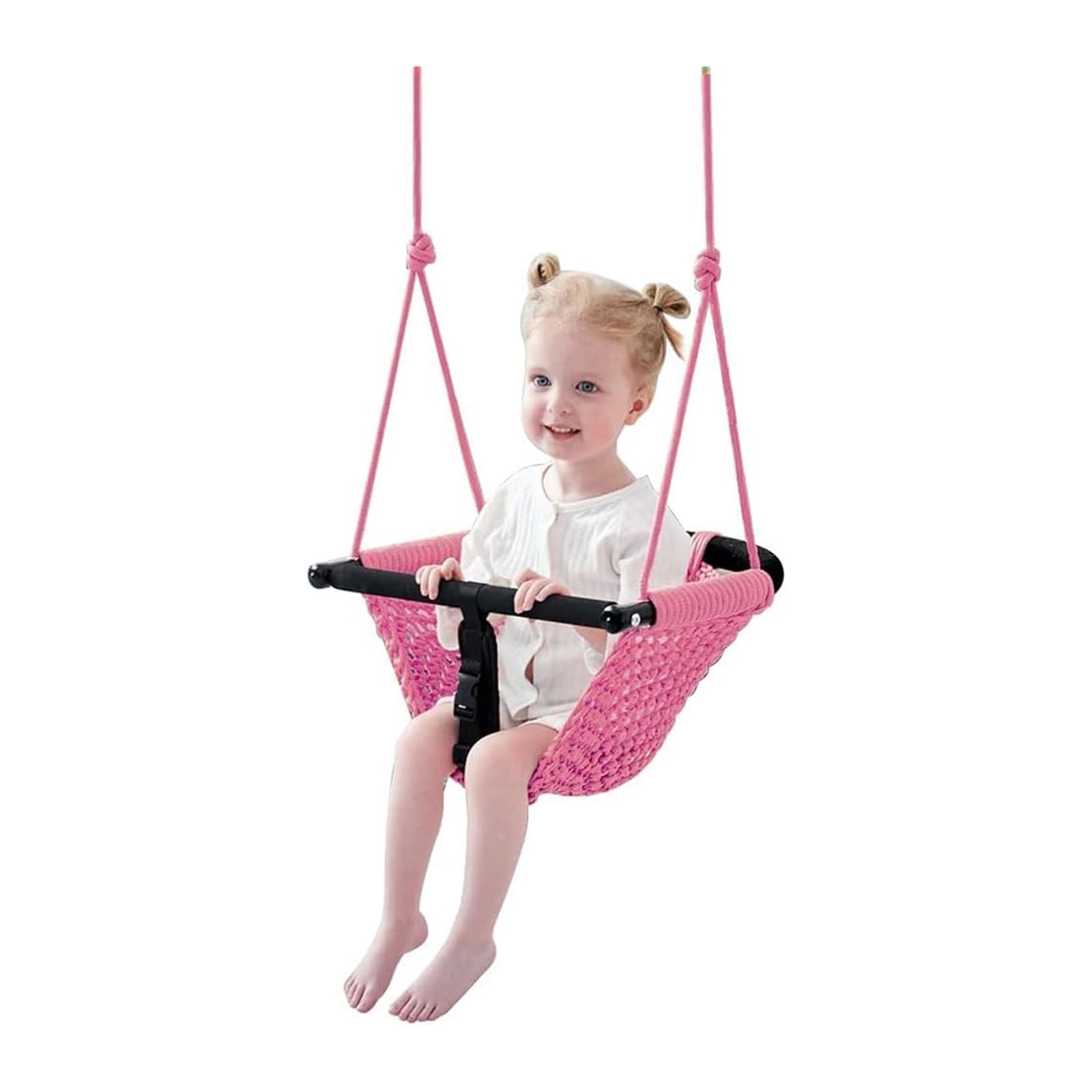 Swing Seat For Kids，Little Swing Set，Hand-Knitting Toddler Swing With Adjustable Ropes, Rope Play Swing Set For Tree, Outdoor Indoor, Playgroun(Pink)