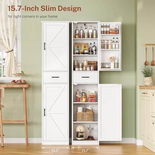 TEENFON 67" H Pantry Storage Cabinet, Bathroom Cabinet with 3 Door Shelves & 1 Drawer, Tall Kitchen Pantry Cabinet for Living Room, Bathroom, Kitchen, White