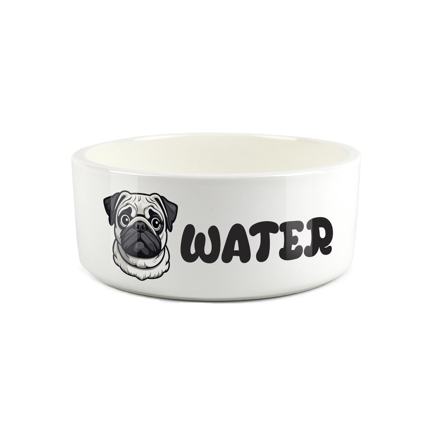 Pug Pet Bowl - Cartoon Dog Portrait Large Ceramic Water Bowl - Novelty White Water Dish For Dogs