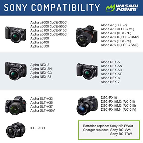 NP-FW50 Wasabi Power Camera Battery (2-Pack) and Dual USB Charger for Sony Alpha a6000, a6300, a6400, a6500, a7, a7 II, a7R, a7R II, a7S, a7S II, RX10 II, III, IV Battery (1300mAh, Micro USB Input)