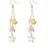 Shell Starfish Earrings Ocean Conch Shell Dangle Earrings for Women Summer Beach Pearl Seahell Tassel Drop Earring Vacation Jewelry Gift
