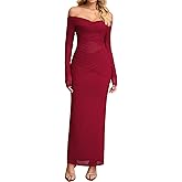 KUTUMAI Women Sheer Long Sleeve Off Shoulder Formal Cocktail Wedding Guest Dresses Fall Mesh Ruched Bodycon Maxi Dress
