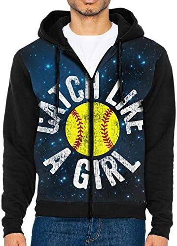 Catch Like A Girl Softball Catcher Athletics Men's Zip-Front Hoodie Sweatshirt With Drawstrings S