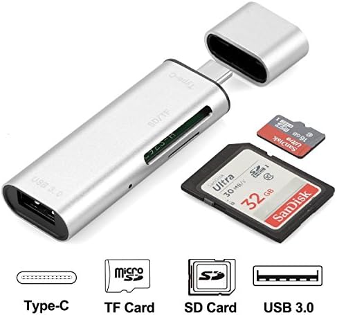 SD Card Reader, 3 in 1 USB 3.0 / USB C / Micro USB Card Reader - SD, Micro SD, SDXC, SDHC, Micro SDHC, Micro SDXC Memory Card Reader for Macbook PC Tablet with OTG Smartphone, gray