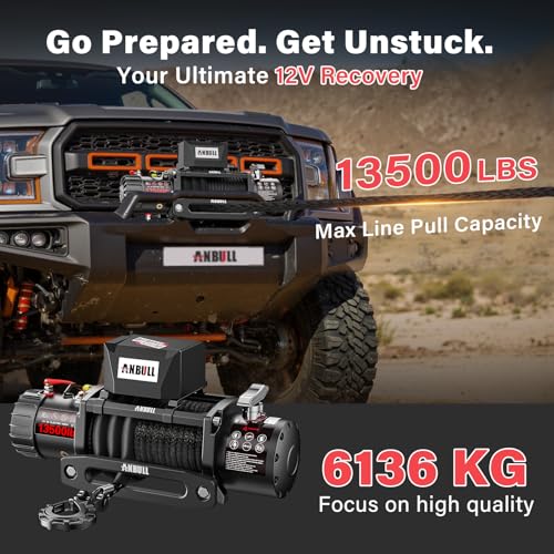 Anbull Electric Winch 12 V 13500 LBS/6150 kg, Synthetic Rope 9.5 mm x 26 m, IP67, 6.6 HP, Compatible with 4X4, Quad, Crosser, 4X4 Off-Road Jeep, Toy, Boat Trailer