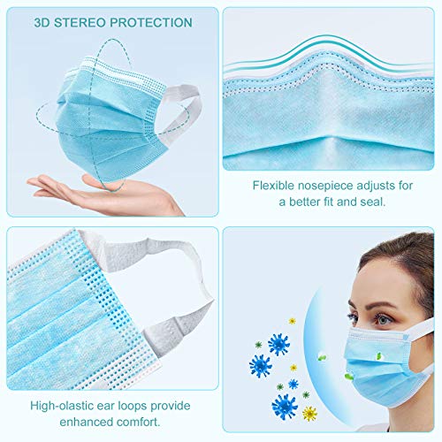 Disposable Face Masks with Elastic Ear Loop, 3 Ply Breathable and