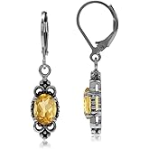 Silvershake 8X6mm Oval Shape Birthstone Gemstone Antique Finishing or Yellow Gold Plated 925 Sterling Silver Balinese Style Leverback Dangle Earrings Jewelry for Women