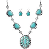 Exaggerated Turquoise Jewelery Set for Women Dangle Earring Pendant Choker Necklace Long Oxidized Silver Daisy Bohemian Bollywood Vintage Western Cowgirl Jewelry Holiday Wedding Party