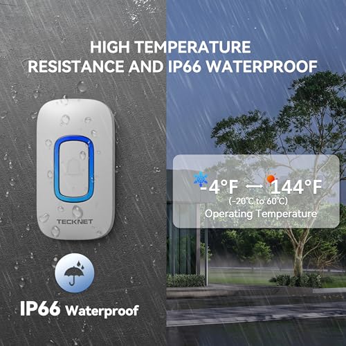 TECKNET Longest 1300 Feet Wireless Doorbell with RGB Alarm Lighting,Battery-Powered IP66 Waterproof Design,60+Chimes & 5-Level Volume for Home/Apartment/Classroom/Business,4.5-Year Battery Life,White