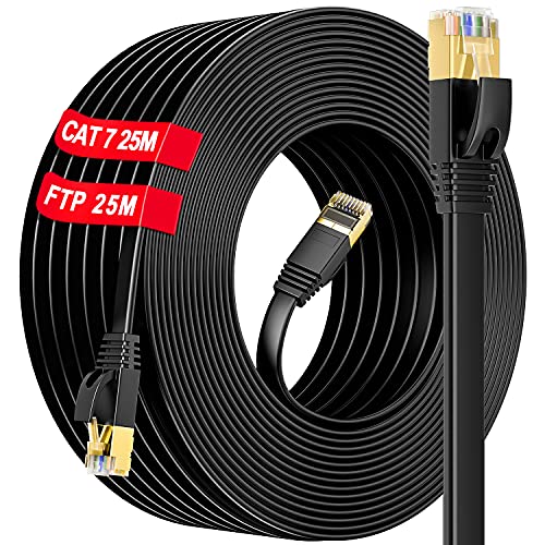 Soibke Long Ethernet Cable 25m Cat 7, Flat Ethernet Interent Cable 25m High Speed Outdoor RJ45 SSTP - Gigabit (25 FREE Chips) - Faster than Cat 6 / Cat 5, LAN cable for Switch/Router/Game/Modem — image 1