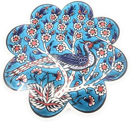 Handmade Turkish Ceramic Pottery Star-Shape Tile Trivet (Bird in Tree)