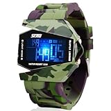 Military Cool LED Display Colorful Light Digital Sport Waterproof Stealth Fighter Plane Shaped Wrist Watches with Silicone Strap Land