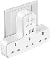 JSVER Plug Adapter 3 Way with 3 USB Ports UK 13A Surge Shield White