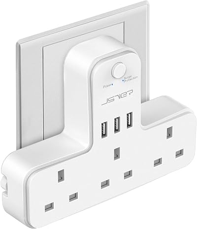 JSVER Plug Adapter 3 Way with 3 USB Ports UK 13A Surge Shield White