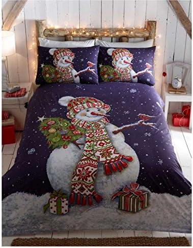 Happy Snowman Christmas Quilt Duvet Cover and 1 Pillowcase Bedding Bed Set, Blue, Single