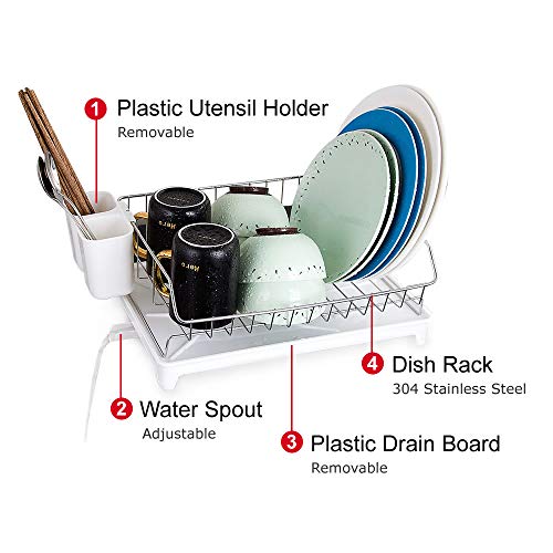 Dish Drying Rack, 304 Stainless Steel Over Sink Dish Drainer, Dish Racks with Drain Board Utensil Holder, Removable Plastic Cutlery Tray,Dish Rack in Sink or On Counter with Utensil Drying Rack