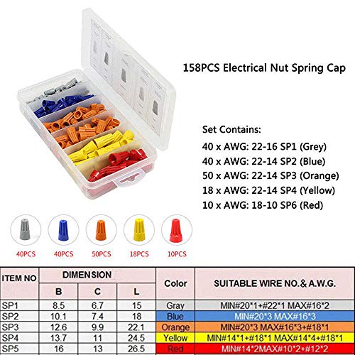 Refaxi 158Ps Electrical Wire Twist Nut Connectors Terminals Caps Assortment Kit SP1-SP6