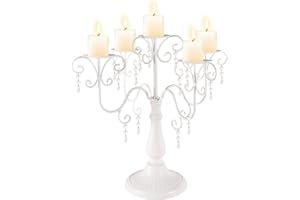 LANLONG White Candelabra Holder with Crystal Beads, Metal 5 Arm Pillar Candle Holders Set, 15.3in Candelabra Centerpieces for Tables Wedding Party Event Reception Decoration