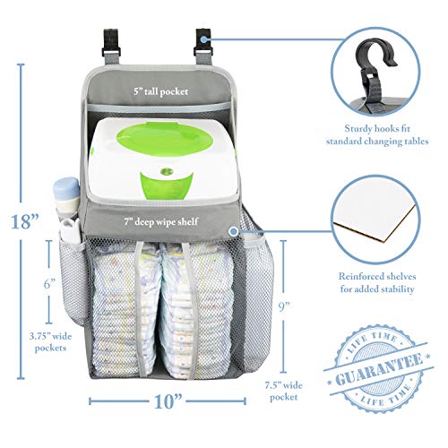 Hanging Baby Diaper Caddy Organizer - Hang On Door, Crib Or Infant Changing Table - Nursery Station Basket For Diapers, Wet Wipes, Clothes Storage - Waterproof & Stylish - Unisex Grey For Boys & Girls - Thumbnail 2
