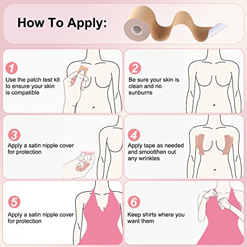 Boob Tape, Replace Your Bra-Instant Breast Lift Tape for A-G, Bob Tape for Breast Lift with 1 Breast Tape, 5 Pairs Satin Breast Petals, 1 Pair Silicone Nipple Stickers, 10 PCS Double Side Tape (2inch)
