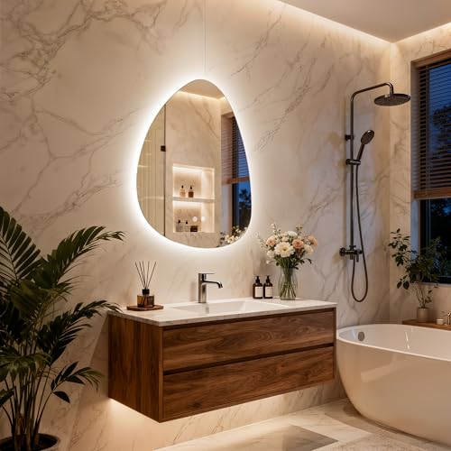 LED Irregular Wall Vanity Mirror, 50x70CM Backlight Mirror with Defogger, 3 Light Colors Stepless Dimming, Frameless Aesthetic Glass for Bathroom Tempered Glass