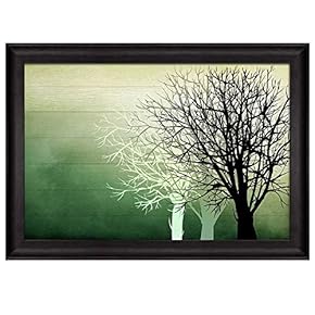 Silhouette Trees Over Green Watercolor Gradient Wood Panels...