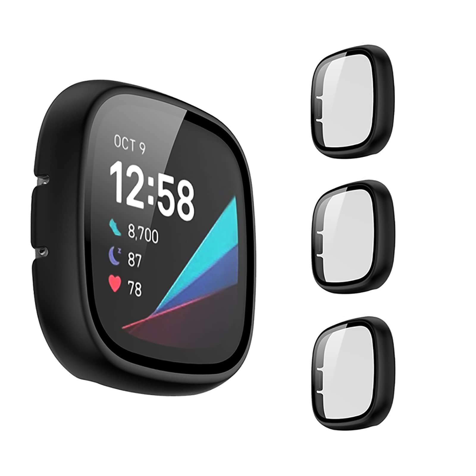 3 Pack Screen Protector Case Compatible for Fitbit Versa 3/Sense, PC+Tempered Film Full Coverage Screen Protective Hard Case Bumper Cover for Women Men(Black)