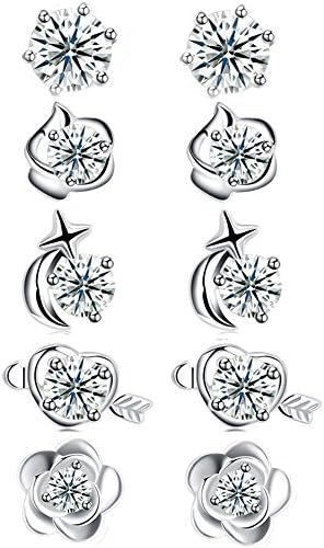 Sterling Silver Cubic Zirconia Stud Earrings Set Princess Cut Round Flower Heart Star CZ Small Silver Earrings, by DreamSter
