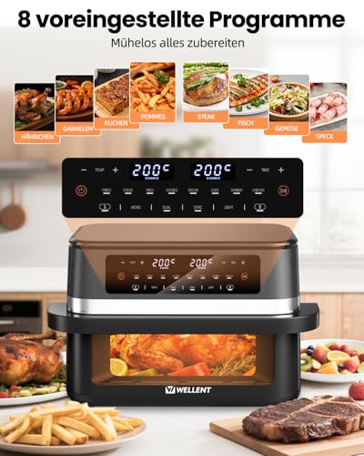 WELLENT 12L Dual Zone Airfryer XXL - 2950W Hot Air Fryer 2 Chambers (6+6L) - Hot Air Fryer Double Chamber with Viewing Window, Match & Sync Function, Shake Reminder, Dishwasher Safe