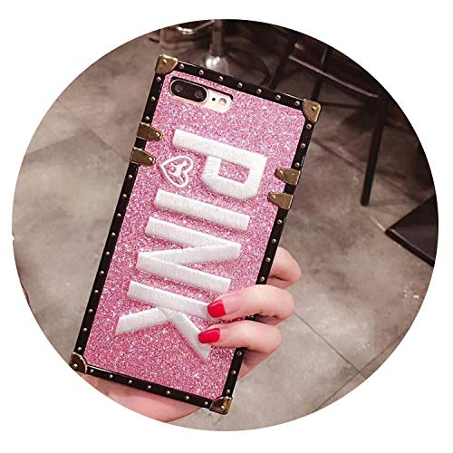 Phone Case with Luxury 3D Embroidered Pink Letters for iPhone 7 7 Plus Glitter Metal Square Soft Cases for iPhone 8X6 6S Plus,Pink,for iPhone 7