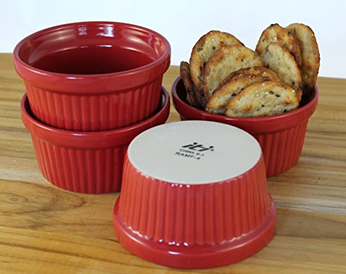 ITI Ceramic Stackable Baking Ramekins/Condiment Sauce Cups with Pan Scraper, Medium/Large, 4-Pack (4 Ounce, Red)