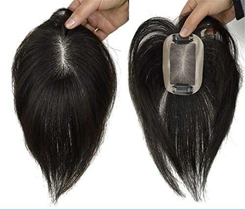 QIHAIR2"x3" Mono Hair Topper Straight Virgin Human Hair Clip in Crown Hair Piece Toupee for Women (8" Off Black)