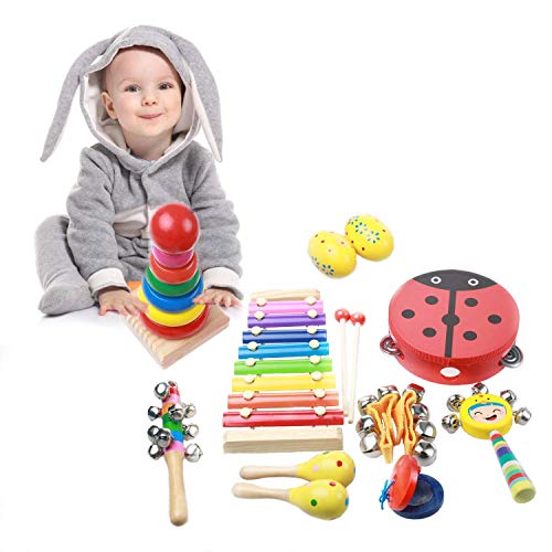 OAMCEG Toddler Musical Instruments, 9 types 12Pcs Wooden Percussion Instruments Toy Set for Kids Preschool Educational with Free Carrying Bag
