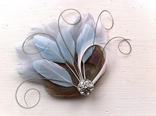 Oh Lucy Handmade JOLIE II Peacock Feather Hair Clip, Feather Fascinator, Bridal Hair Piece in Gray, Silver, Slate Blue, and White