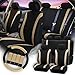 FH Group Car Seat Covers Cosmopolitan Flat Cloth Full Set Seat Covers, Car Accessories Beige Combo Steering Wheel Cover and Seat Belt Pads Airbag and Split Rear Universal Fit for Cars Vans Truck